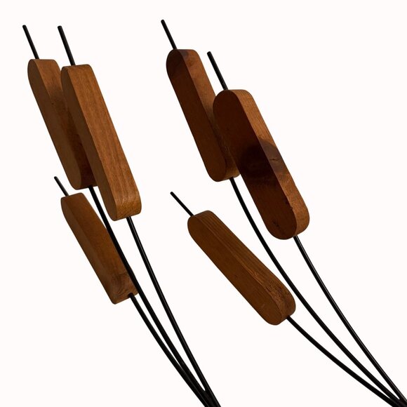 MCM Cattail Stems Wall Hanging Decorative Wood Metal Rustic Cabin Set of 2 - Picture 13 of 14